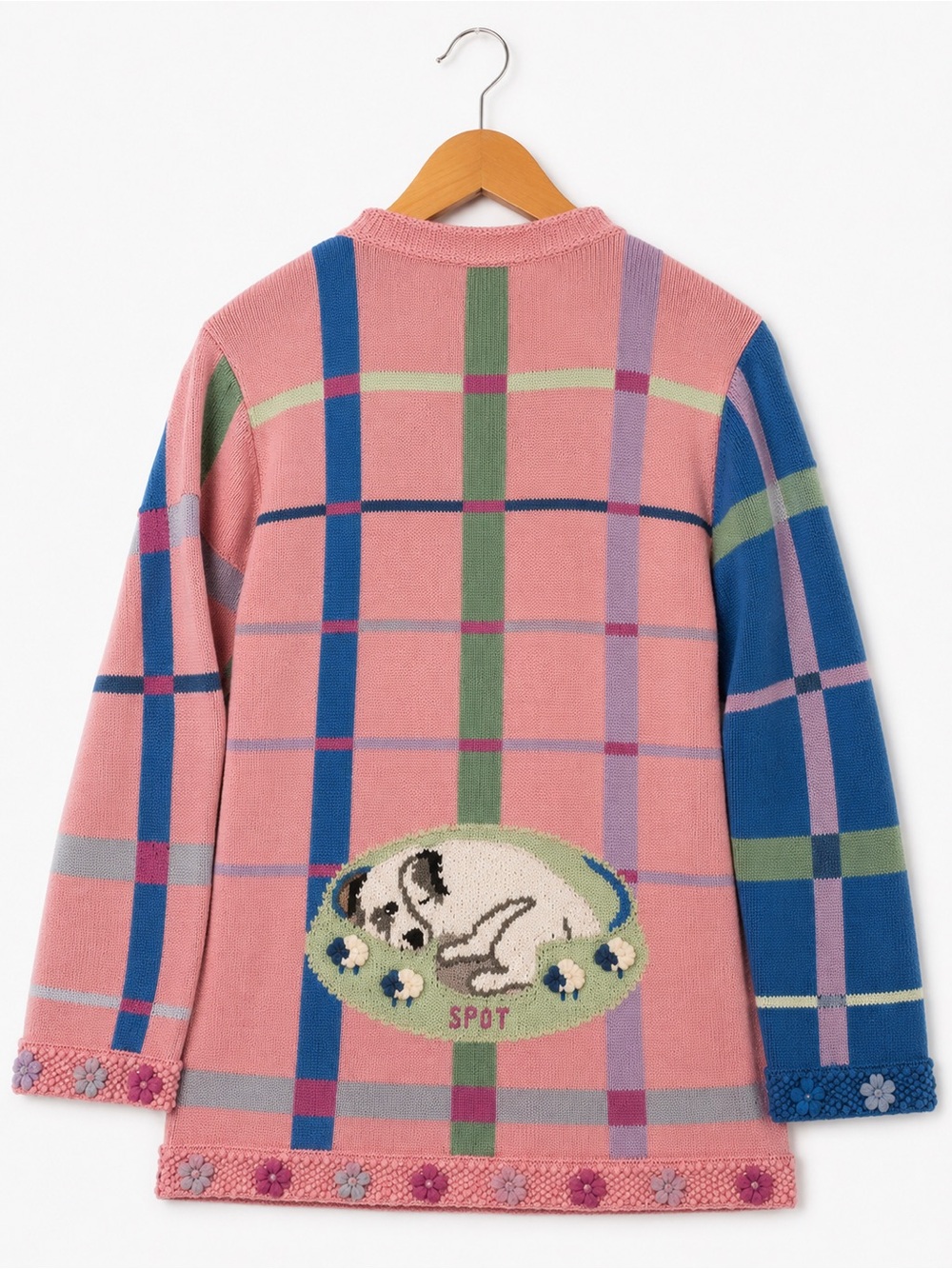 RARE Storybook Knits Vintage Dog Plaid 3D Applique Cardigan Sweater L - Picture 3 of 9